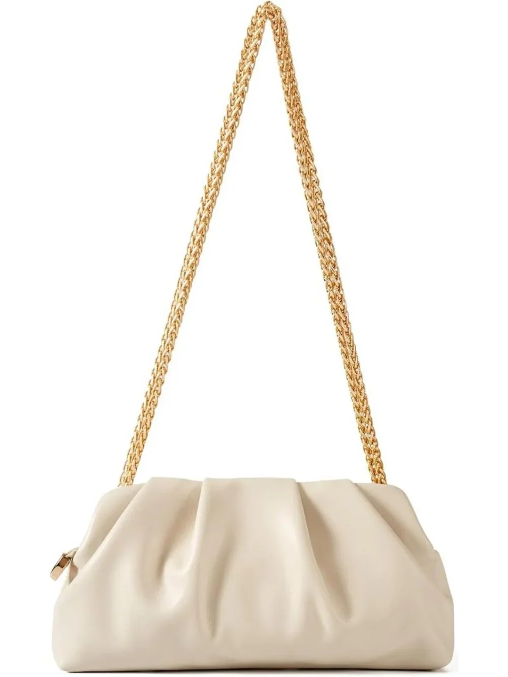 👜Women's Cream Leather Ruched Clutch Purse Detachable Metal Chain Crossbody Bag